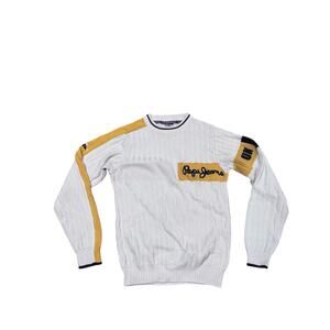 Pepe Jeans Vintage Knit Sweater Y2K Colorblock Logo Patch Cream Mustard M